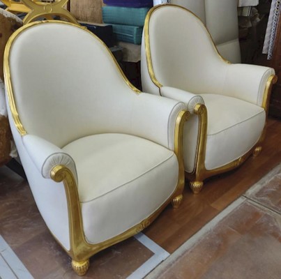 Paul Follot pair of gold leaf carved art deco corbeille chairs