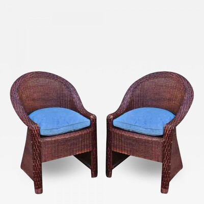 Pierre Chareau style early brown rattan art and craft pair of chairs