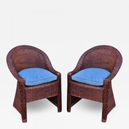 Pierre Chareau style early brown rattan art and craft pair of chairs