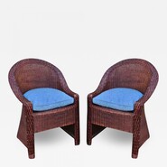 Pierre Chareau style early brown rattan art and craft pair of chairs