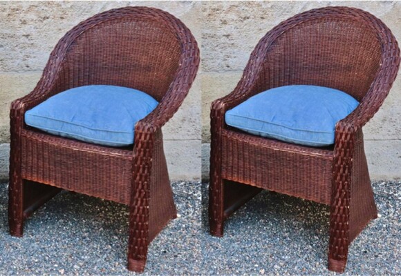 Pierre Chareau style early brown rattan art and craft pair of chairs
