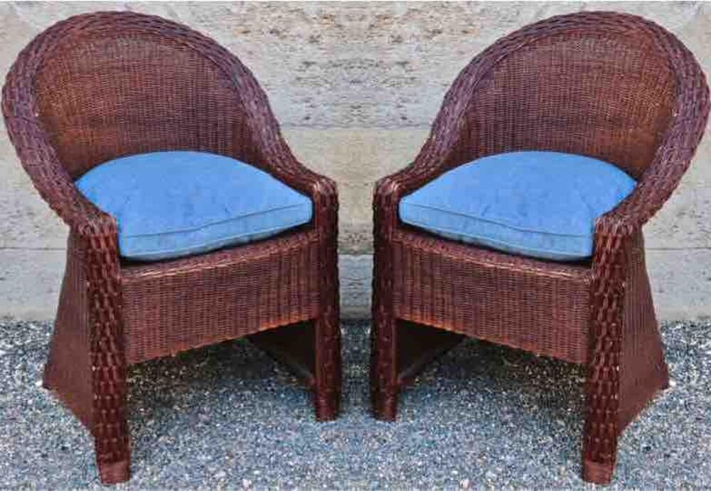 Pierre Chareau style early brown rattan art and craft pair of chairs