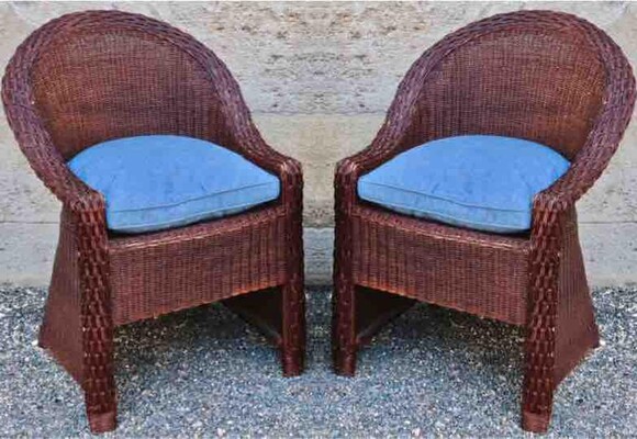 Pierre Chareau style early brown rattan art and craft pair of chairs