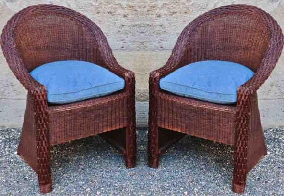 Pierre Chareau style early brown rattan art and craft pair of chairs