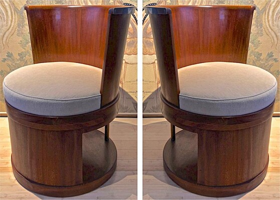 Pierre Chareau style modernist pair of barrel swiveling chairs