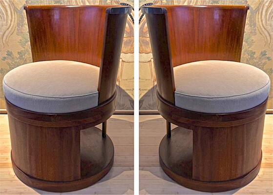 Pierre Chareau style modernist pair of barrel swiveling chairs