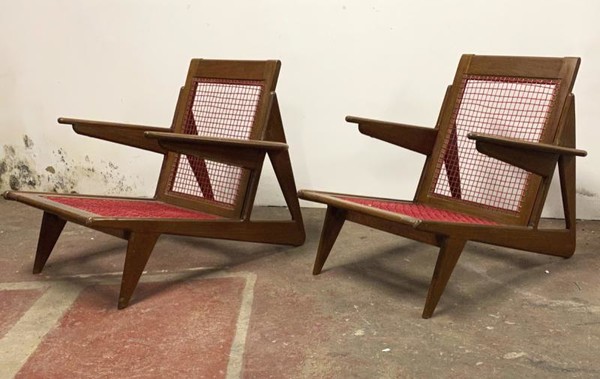 Pierre Jeanneret style pair of vintage pair of lounge chairs