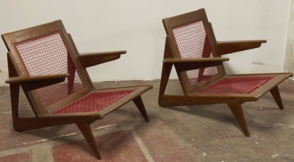 Pierre Jeanneret style pair of vintage pair of lounge chairs