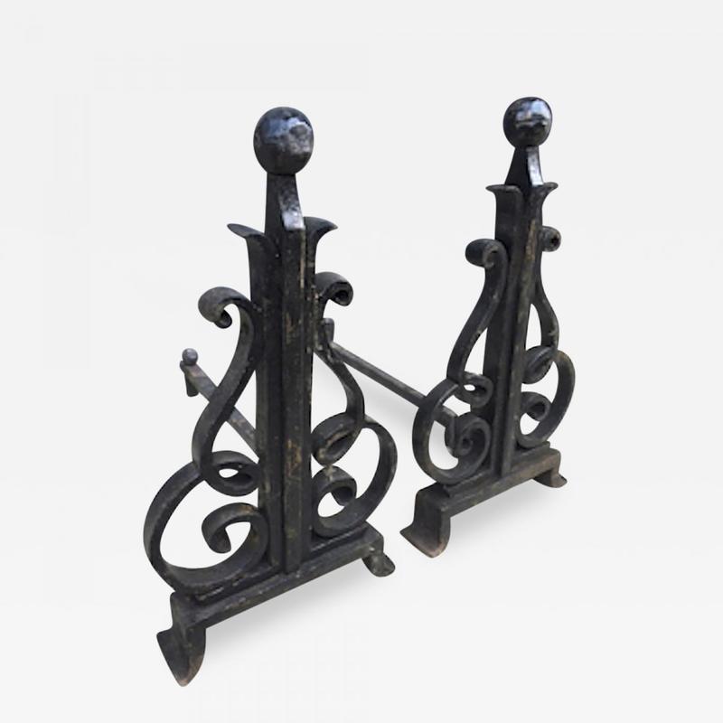 Raymond Subes Pair Wrought Iron Andiron