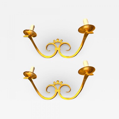 Rene Prou gold leaf wrought iron delicate pair of sconces