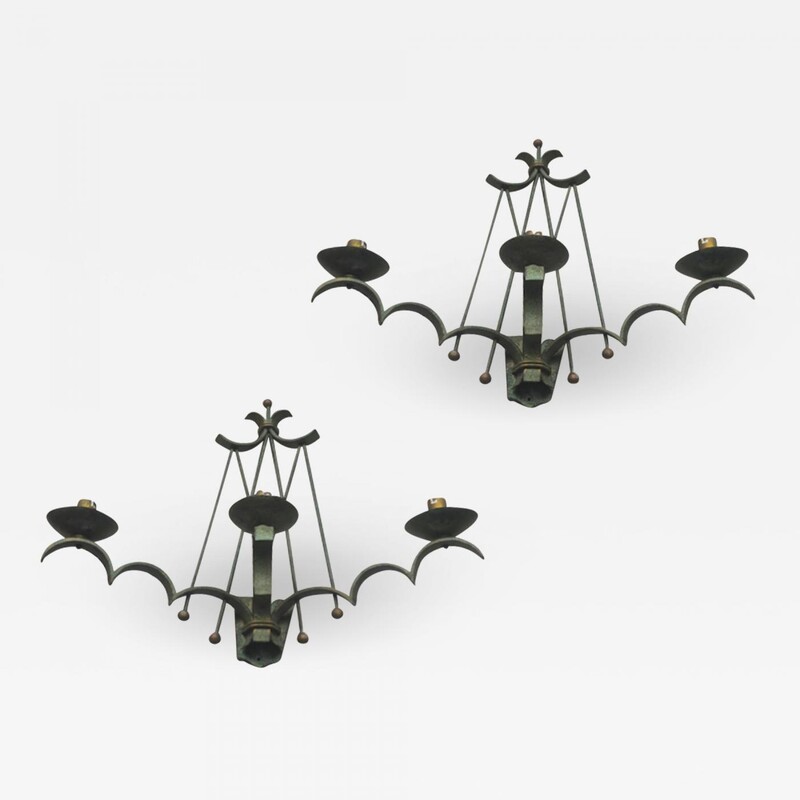 Rene Prou refined pair of wrought iron 3 light sconces