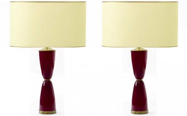 Ruby red pair of table lamp with gold brass accent