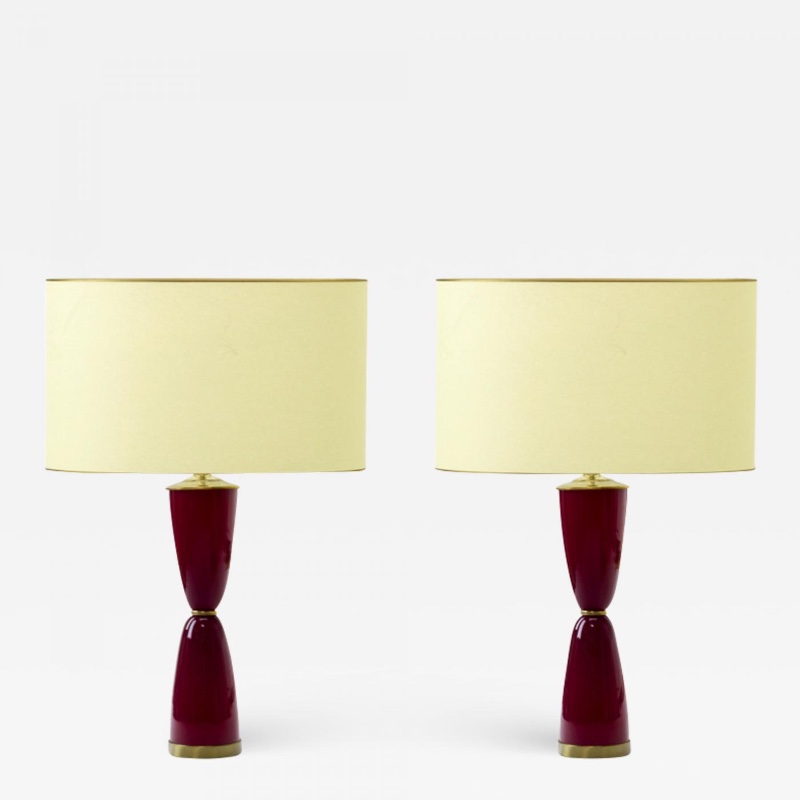 Ruby red pair of table lamp with gold brass accent