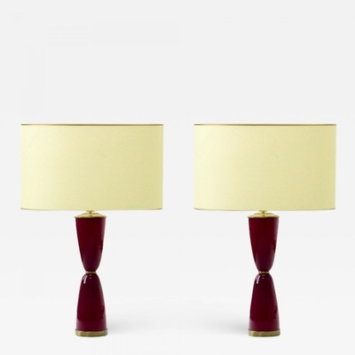 Ruby red pair of table lamp with gold brass accent