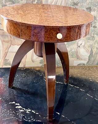 Ruhlmann style art deco refined burl tripod coffee table