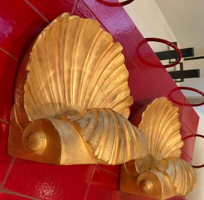 Serge Roche gold leaf plaster shell shaped pair of sconces
