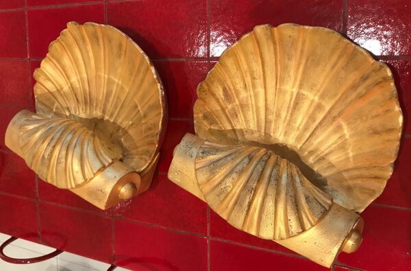 Serge Roche gold leaf plaster shell shaped pair of sconces
