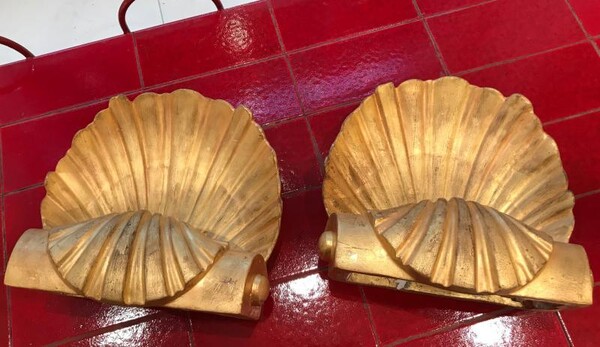 Serge Roche gold leaf plaster shell shaped pair of sconces