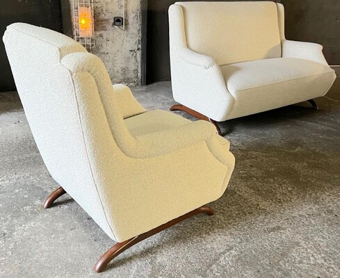  set of horn leg couch and chair covered in boucle cloth