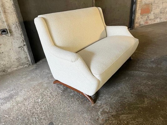  set of horn leg couch and chair covered in boucle cloth