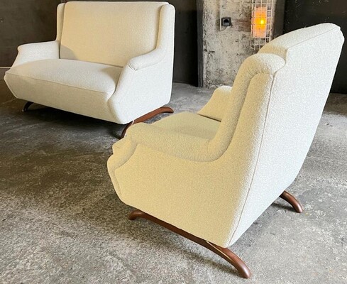  set of horn leg couch and chair covered in boucle cloth