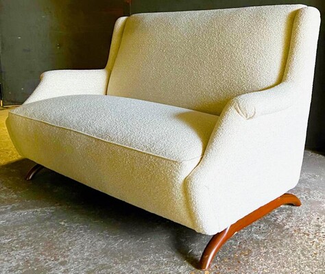  set of horn leg couch and chair covered in boucle cloth