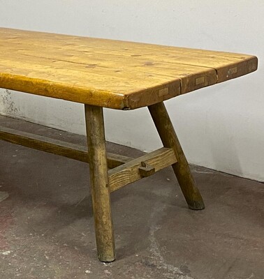 Sturdy Brutalist solid pine and ash tree long organic table