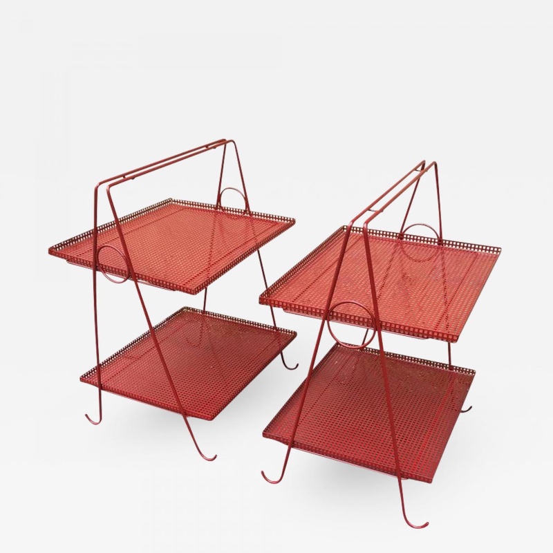 Style of Mathieu Matégot two tiers red perforated side table.