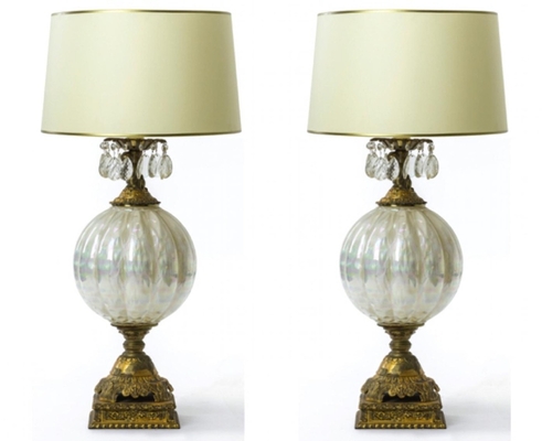 Superb mother of pearl glass pair of gold and crystal lamp