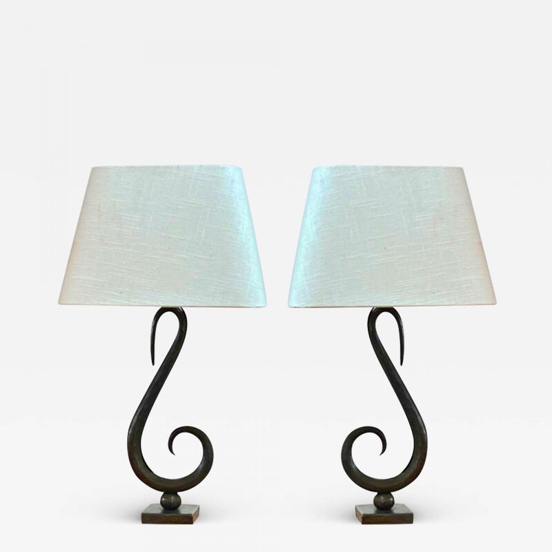 Treble clef shaped rare hammered wrought iron pair of lamps