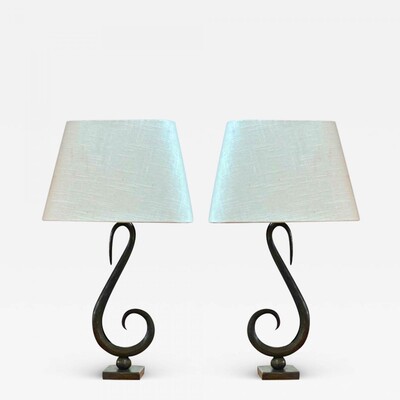 Treble clef shaped rare hammered wrought iron pair of lamps