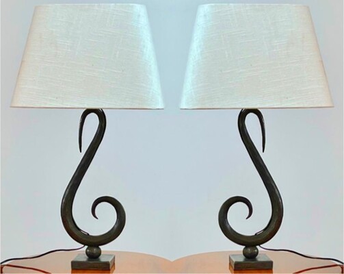 Treble clef shaped rare hammered wrought iron pair of lamps