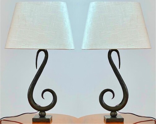 Treble clef shaped rare hammered wrought iron pair of lamps