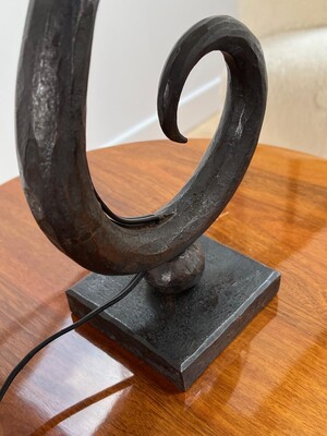 Treble clef shaped rare hammered wrought iron pair of lamps