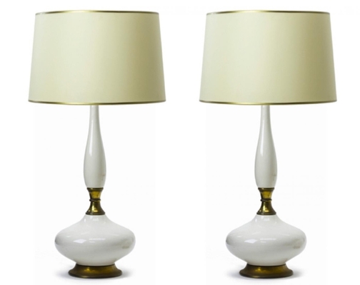 two white ceramic and gold bronze pair of table lamps