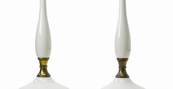 two white ceramic and gold bronze pair of table lamps