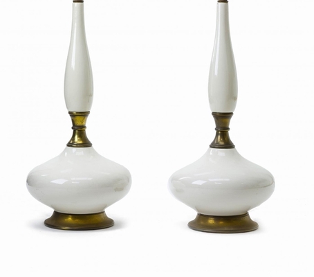 two white ceramic and gold bronze pair of table lamps