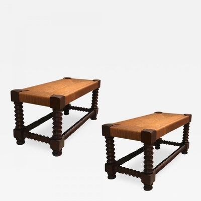 Victor Courtray organic rare pair of rush and oak benches