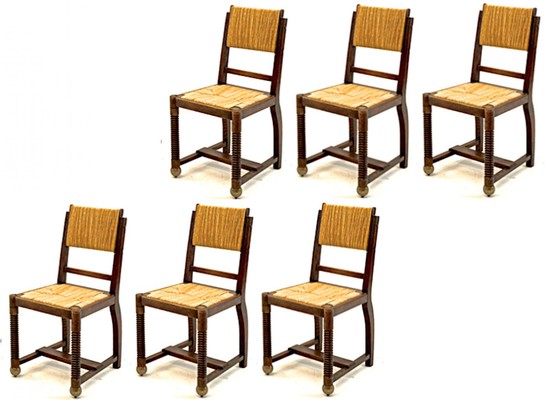 Victor Courtray set of 6 oak and rush organic dinning chairs